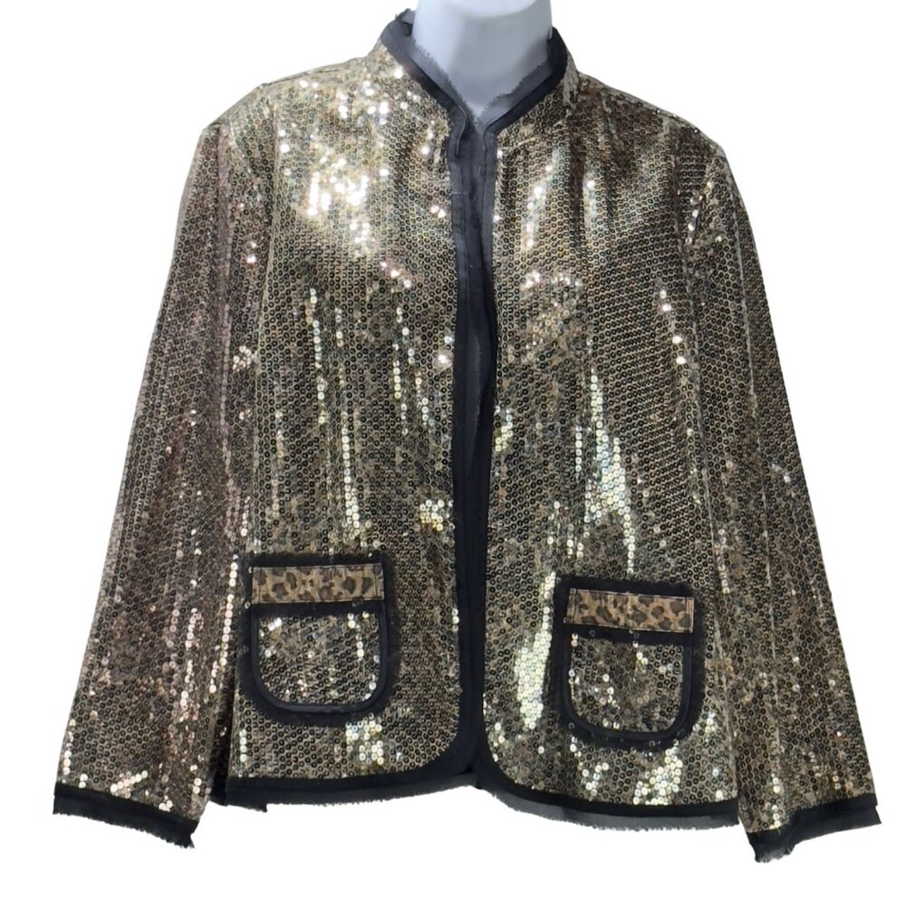 CHICO'S Women's Jacket Gold Sequined Leopard Accents Polyester Open Front Size 2